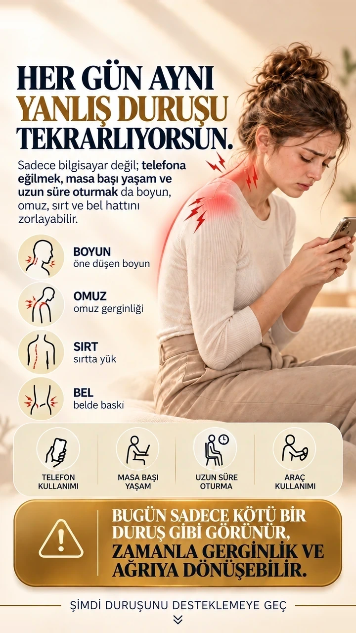 Telefon, bilgisayar, uzun süre oturma ve araç kullanımında kötü duruşun etkileri